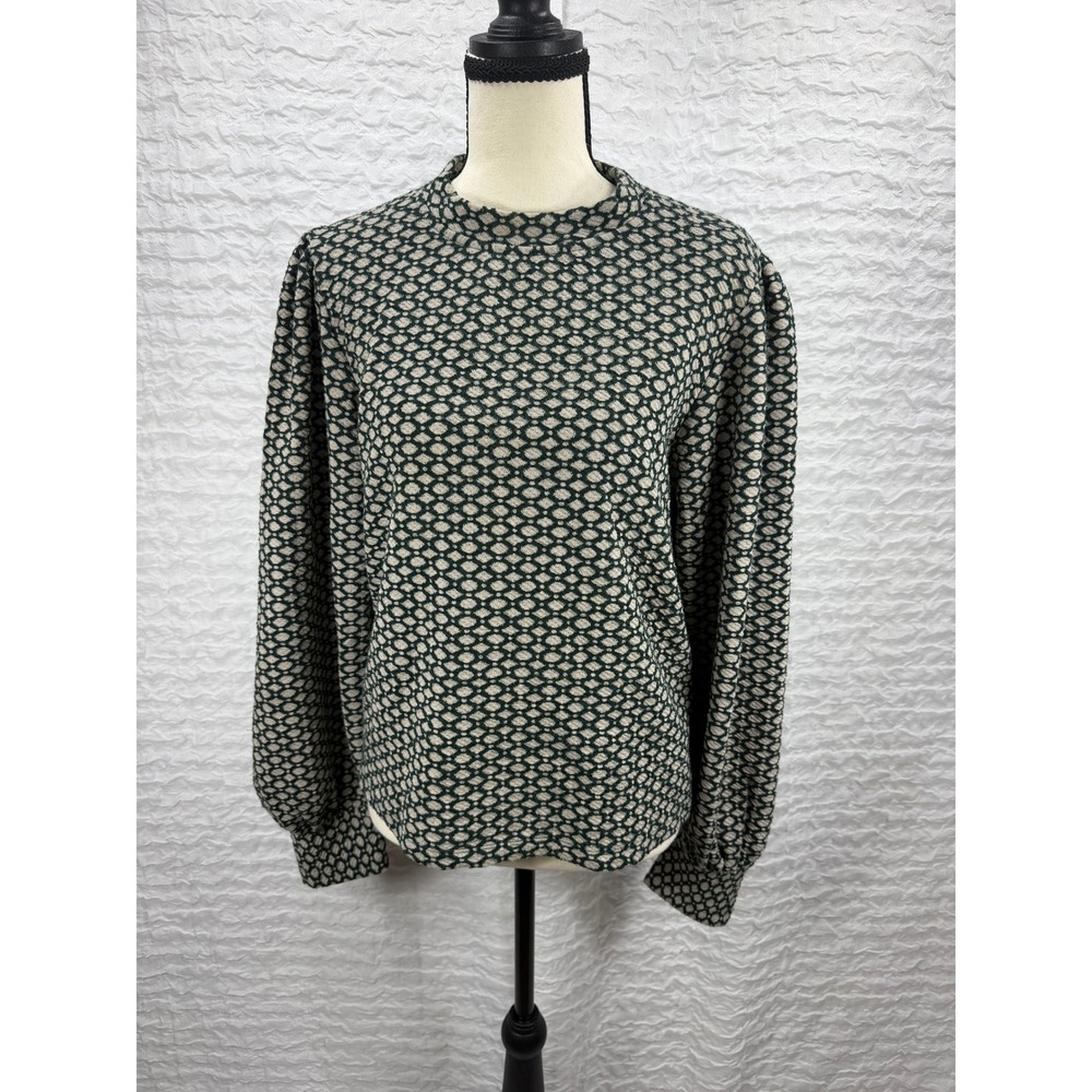 Maeve by Anthropologie Green Geometric Knit Puff Sleeve Mock Neck Top Medium
